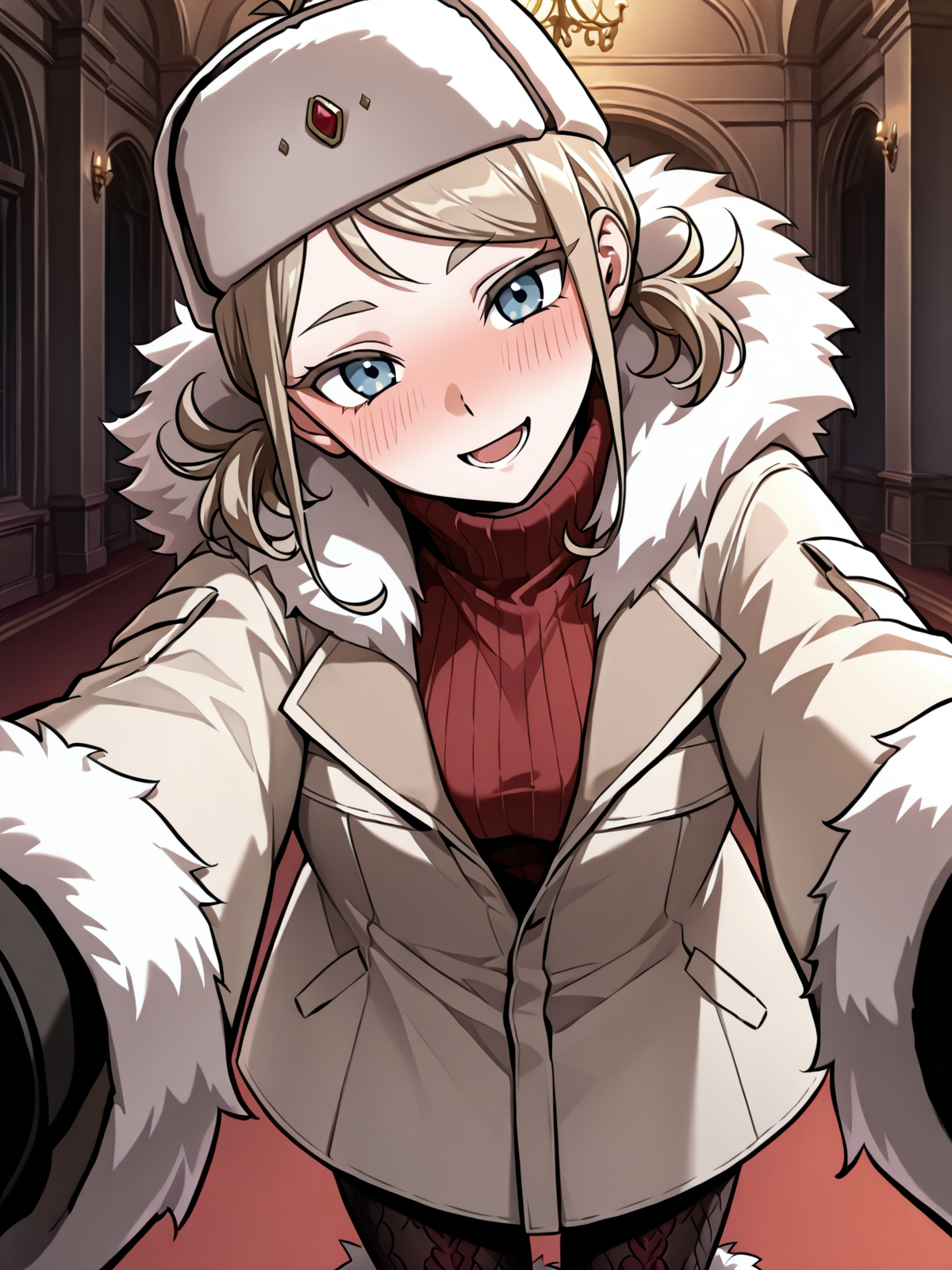 <lora:Omniscient_Readers_Viewpoint__Iris_Vladimirovna_Rebezova:1>
1girl, solo, light brown hair, short twintails, side hair strands, blue eyes, ushanka, 
beige winter coat, fur-trimmed coat, red turtleneck sweater, patterned tights, fur boots, thick gloves, white fur, winter hat, white hat with red gem, long sleeves, layered clothing, 
score_9, score_8_up, score_7_up, score_6_up, source_anime, rating_explicit, 1girl, solo, smile, embarrassed, alcalose eyes, open mouth, mansion, indoors, looking at viewer, outstretched arms, pov, close-up, (head tilt:1.2)