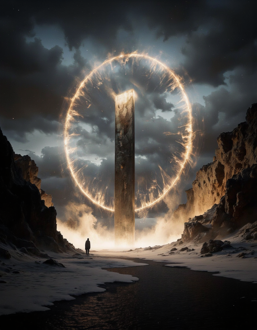 A dramatic digital illustration shoot from a far camera angle about a lone figure stands in the middle of a desolate landscape, illuminated by a large, glowing circle in the background. the scene is set in a desert-like environment, with rocky cliffs on either side and a vast expanse of water in the foreground. in the center of the image, a tall, obelisk-like structure stands out against the rocky terrain, with a glowing, ethereal light emanating from it, creating a sense of depth and dimensionality. the structure appears to be made of stone and has a smooth, textured surface, with no discernible age or texture. the figure is standing in front of the structure, facing the viewer, with their arms at their sides, and their head turned to the side, as if they are looking up at the glowing circle. the overall effect is one of awe and wonder, with the presence of a vast, desolate landscape and a glowing circle of light illuminating the scene. <lora:landscape:1>