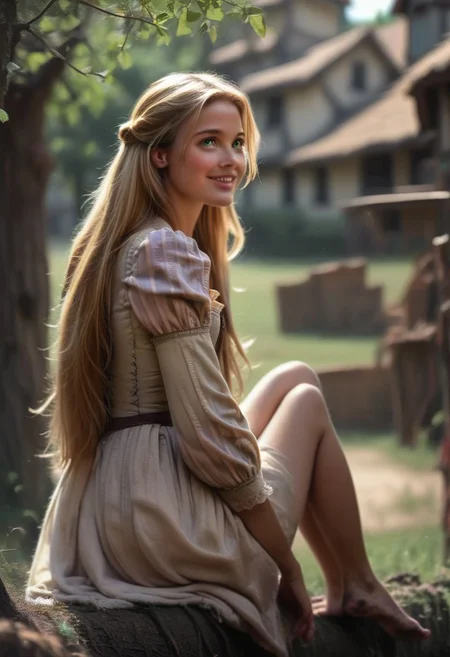 score_9, raw photo, side view, bokeh, village, film still, grainy, , blonde hair, detailed face, green eyes, flirty,  long hair, dress, 1girl, blurry, solo focus, sitting on the ground, behind a tree, legs folded against her, dirty feet, barefoot, blurry background, smile, puffy sleeves, blue eyes