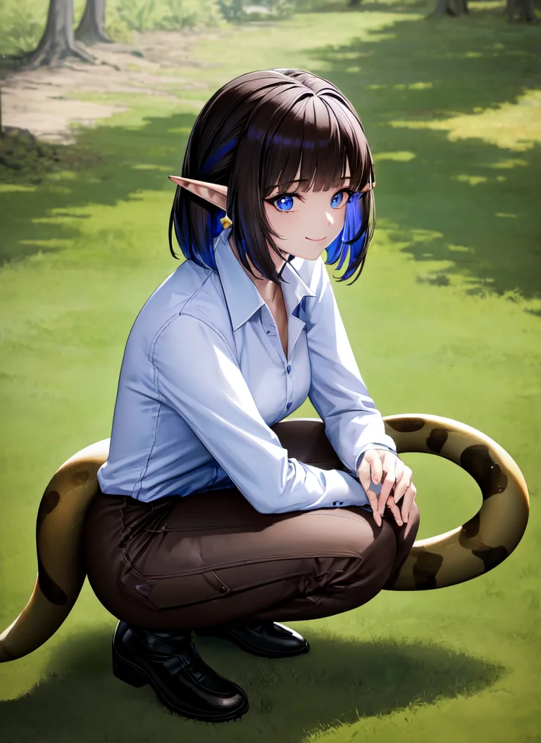 masterpiece, best quality, 1girl, solo, eunectes, white shirt, brown pants, blue eyes, snake tail, smile, squatting, from above, park, outdoors <lora:Eunectes (Arknights):1>