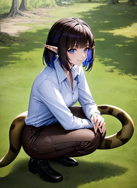 masterpiece, best quality, 1girl, solo, eunectes, white shirt, brown pants, blue eyes, snake tail, smile, squatting, from above, park, outdoors <lora:Eunectes (Arknights):1>