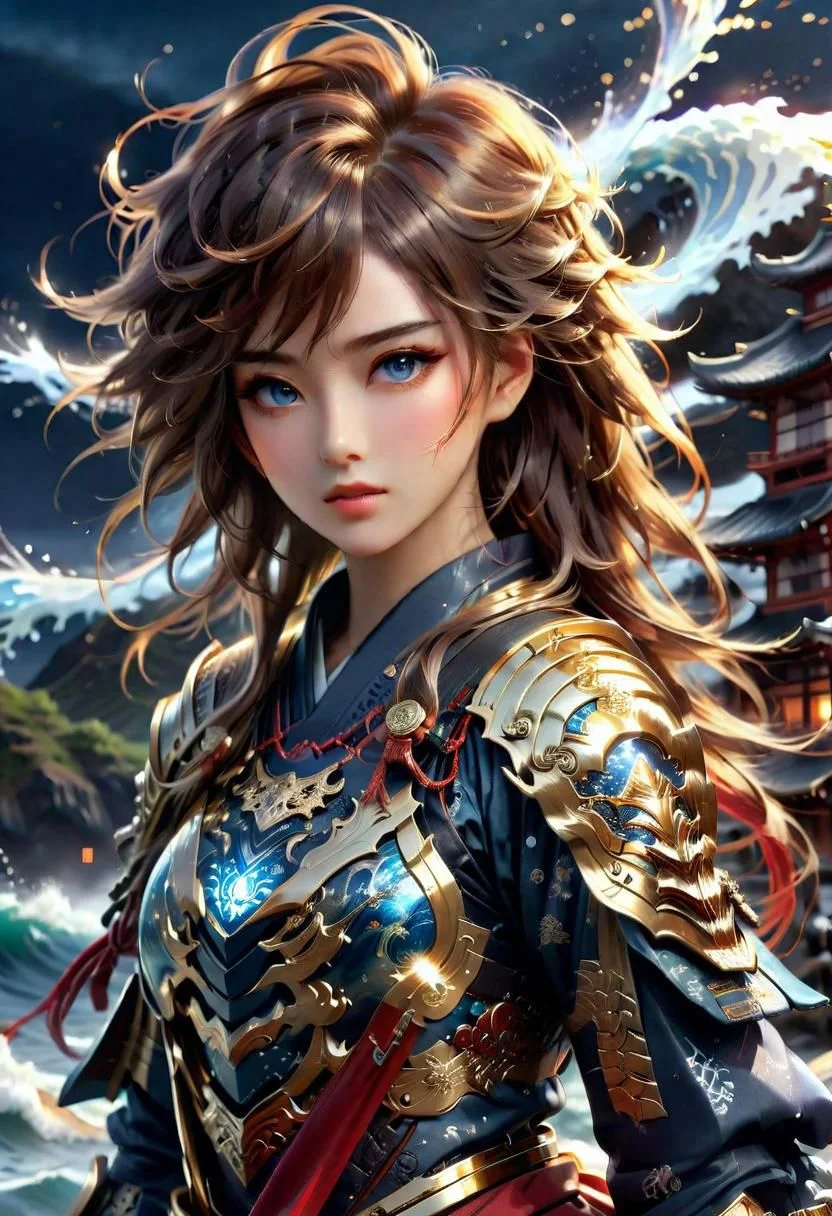 ultra detailed      Masterpiece  8k   ,girl Samurai  complex armor	Multi-layered and large shoulder armor  luster shine  Multilevel  	 black gold 08.02	 	, (beautiful  face)++ 	holdingshe long katanagQkcYR	
Hokusai's Japanese depiction of a very turbulent sea with massive waves. The background s shows a beautiful dark night over a illuminated village. The colors are red and yellow