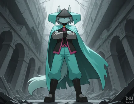 masterpiece,best quality, amazing quality, (du57aet, anthro, tail), ((male focus, 1boy, solo)), male, from below, hat over eyes, hat, cape, vest, pants, boots, arms crossed, ruins background<lora:Illustrious\dust-illustrious.safetensors:1.0:1.0>