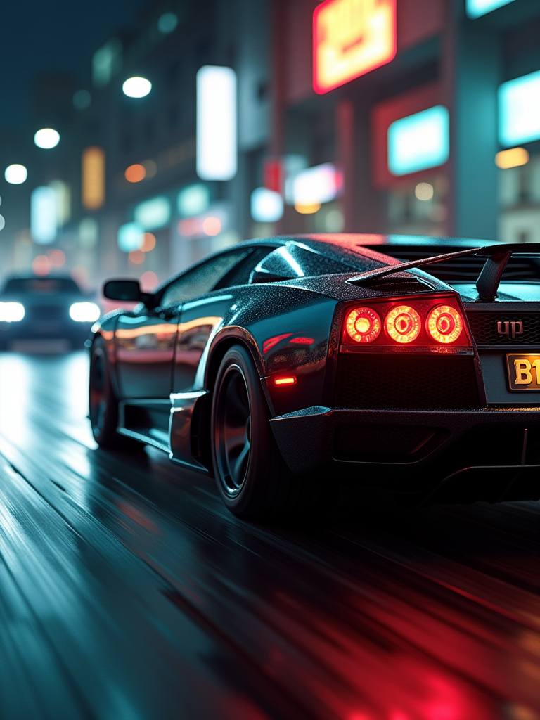 Concept for a High-Impact Image Inspired by Fast & Furious Featuring a Lamborghini Murciélago LP640
Theme:
This image captures the raw power and adrenaline of the Fast & Furious series, focusing on a close-up shot of the iconic Lamborghini Murciélago LP640, showcasing its aggressive design and speed.

Composition:

Foreground: The Lamborghini Murciélago LP640 is positioned prominently in the frame, with a close-up perspective that highlights its sleek lines and aerodynamic features. The car's distinctive body shape and aggressive stance are emphasized, making it the focal point of the image.

License Plate: The license plate "B1234" is clearly visible, adding a personal touch and connecting the car to the Fast & Furious universe.

Lighting:

Dynamic Lighting Effects: The scene is illuminated with dramatic lighting that highlights the car's curves and contours. Use strong contrasts between light and shadow to create depth and intensity.

Reflective Surfaces: The car's glossy finish reflects the surrounding environment, including colorful street lights or neon signs, enhancing the visual impact and adding to the sense of speed.

Additional Elements:

Motion Blur: To convey the feeling of speed, incorporate motion blur effects around the car, particularly at the wheels and rear. This gives the impression that the car is racing forward at high velocity.

Background Action: The background can feature a blurred cityscape or a racetrack, further emphasizing the car's speed. Add subtle light streaks to represent passing vehicles or street lights.

Impact Effects: Consider adding subtle dust or debris kicked up behind the car, enhancing the sense of motion and aggression.

Overall Mood:
The image should evoke a sense of excitement, power, and luxury, capturing the essence of the Fast & Furious franchise. The close-up perspective, combined with dynamic lighting and motion effects, creates a visually striking representation of the Lamborghini Murciélago LP640, making viewers feel the adrenaline rush of high-speed racing.