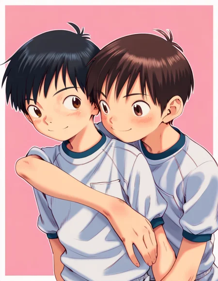 score_9, score_8_up, score_7_up, score_6_up, source_anime, pink background, white border, white outline, 2boys, young, smile, blush, brown hair, black hair, brown eyes, gym uniform, hug, upper body <lora:boys_factoryXL_AMXL_v3b:0.6> <lora:shounen_zoomXL_ot_v4d-AMXL_v2score:0.7>