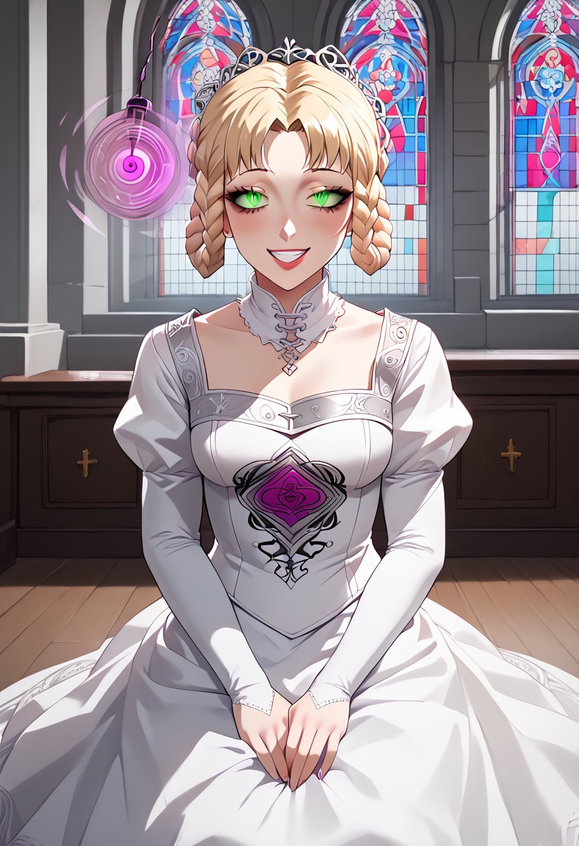 Rya  hypnotized to be a bride,
score_9, anime, lewd, 1girl, smooth,
mind control, hypnotized, (pendulum), looking at pendulum, blank stare,
wedding dress, brainwashed, seductive smile, obedient, charmed, solo, church altar, kneeling,
ryascout,reptile girl,blonde hair,braided hair rings,parted bangs,green eyes,slit pupils,mole under mouth,