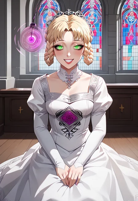Rya  hypnotized to be a bride,
score_9, anime, lewd, 1girl, smooth,
mind control, hypnotized, (pendulum), looking at pendulum, blank stare,
wedding dress, brainwashed, seductive smile, obedient, charmed, solo, church altar, kneeling,
ryascout,reptile girl,blonde hair,braided hair rings,parted bangs,green eyes,slit pupils,mole under mouth,