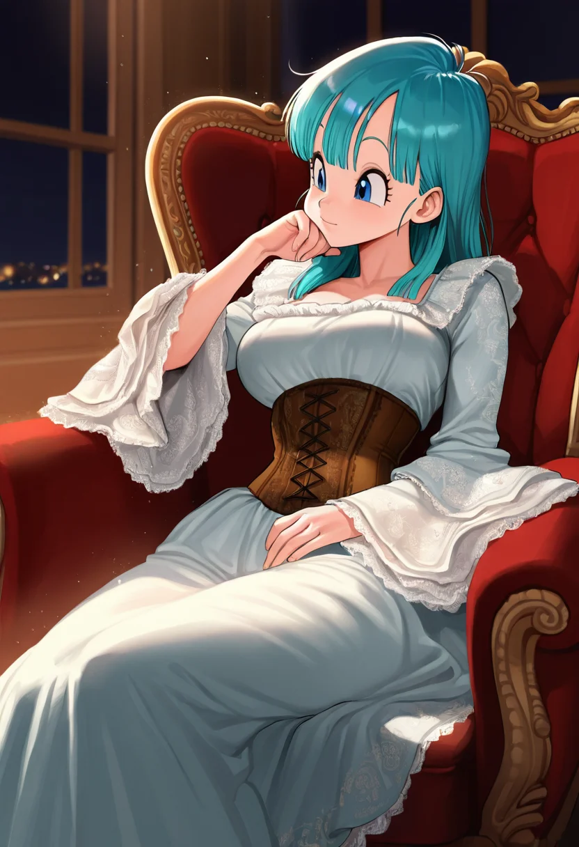 bulma, masterpiece, best quality, amazing quality, ultra detailed, solo, 1girl, adult, long dress, wide sleeves, ornate dress, corset, victorian dress, sitting, armchair, brocade, reclining, leaning on side, chin down proud, indoors, night, particles, cowboy shot,