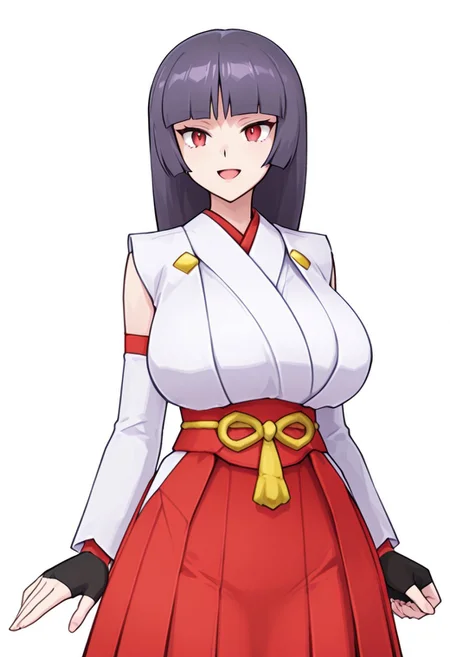 score_9,score_8_up,score_7_up,source_anime,5_figner,2d_animation,game cg,BREKE,1girl,solo,
zzSabrina, red eyes, long hair, blunt bangs, sabrina (pokemon), purple hair, black hair,
NYS-W,japanese clothes, miko,sash, detached sleeves,red hakama,red obi,black pantyhose,fingerless gloves,
smile,cowboyshot,openmouth,
huge breasts,thick hips,thick thighs,thick waist,disproportionate breasts,
curves,glamour,
simple background,white background,
masterpiece,best qualit,ultra-detailed,illustration,an extremely delicate and beautiful,beautiful detailed eyes,unity 8k wallpaper,high resolution,anime CG,official_art,Erotic_style, anime_coloring, anime_screencap,