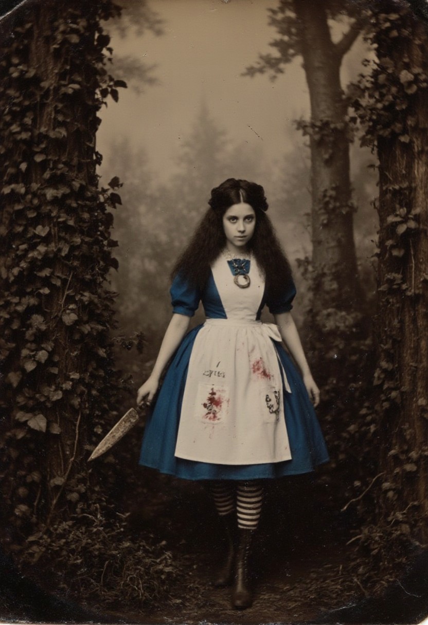 An aged worn sepia monochrome 1800s photograph madalice, she has black hair and blue eyes. She's wearing a blue dress with a white apron. The apron has magical symbols on the pocket, there are bloodstains on the apron. she wears a necklace with of an upside down horseshoe stripped stockings and knee high boots. in her hand is an ornate butcher knife. she is walking through a mystical forest, misty bog, fireflies flying around lighting up. it's night and moonbeams stream through the trees.