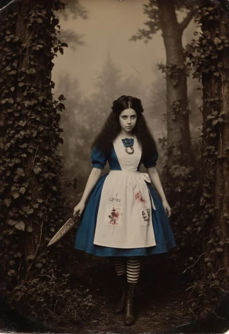 An aged worn sepia monochrome 1800s photograph madalice, she has black hair and blue eyes. She's wearing a blue dress with a white apron. The apron has magical symbols on the pocket, there are bloodstains on the apron. she wears a necklace with of an upside down horseshoe stripped stockings and knee high boots. in her hand is an ornate butcher knife. she is walking through a mystical forest, misty bog, fireflies flying around lighting up. it's night and moonbeams stream through the trees.