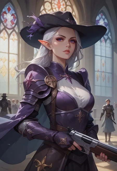 score_9, score_8_up, score_7_up, 8k, portrait, upper body, concept art twilight, vintage illustration,
1girl, solo, female elf, drow, dark purple skin, white hair,
dynamic pose, medieval, heavy armor, plate armor, purple cape, in a cathedral, gothic stained glass windows, beautifully backlit, depth of field:1.5, indirect lighting:1.3, high contrast shadows, dramatic shadows across face:1.2, cinematic lighting on face, cowboy hat, (holding shotgun:1.6)
