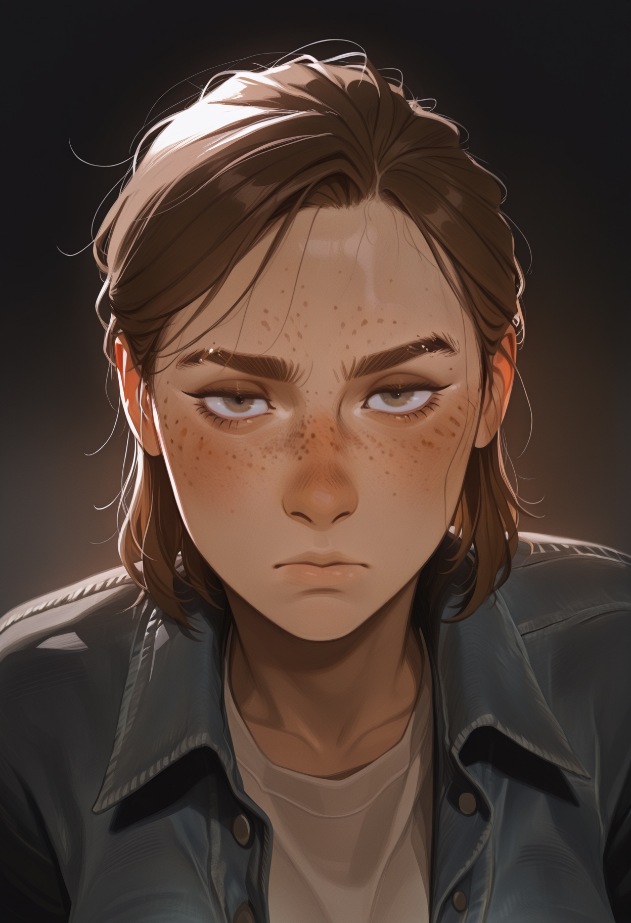 masterpiece,best quality, beautiful lighting,1girl, solo, EllieLOU, brown hair, jeans, denim jacket, shirt,  medium hair, hazel eyes, eyebrow slit, looking at viewer,  serious expression, freckles, portrait,two tone background,