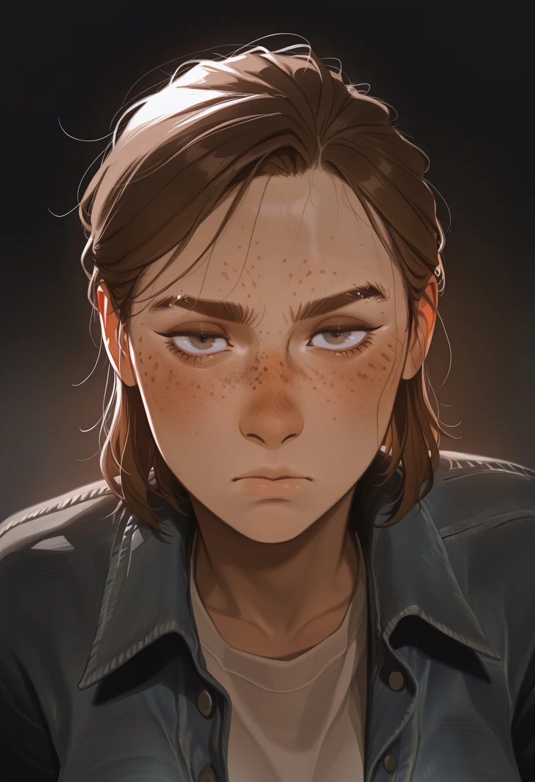 masterpiece,best quality, beautiful lighting,1girl, solo, EllieLOU, brown hair, jeans, denim jacket, shirt,  medium hair, hazel eyes, eyebrow slit, looking at viewer,  serious expression, freckles, portrait,two tone background,