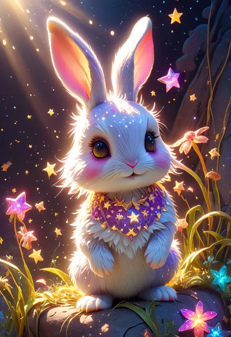 A cute tiny bunny infused with stars and weaved with shadows, it is a fantastical scene. Solo, vibrant, Masterpiece, (8k:1), best quality, ultra detailed, best artist, micro details, sharp edges, detailed textures, (full body shot), atmospheric lighting, visually stunning, perfect composition, trending on artstation, aidma-niji, Niji