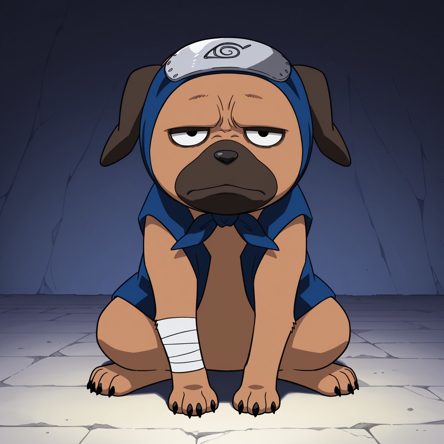 2d, 1boy, solo, Pakkun, male, dog, canine, tail, feral, animal, brown fur, dark brown snout, dark brown ears, black nose, black pupils, dark brown eyelids, black claws, Arm bandages, blue headband, forehead protector, sleeveless, blue vest

BREAK Sitting, frown, looking at viewer, full body, abstract background

BREAK best quality, amazing quality, very aesthetic, absurdres, newest, masterpiece 