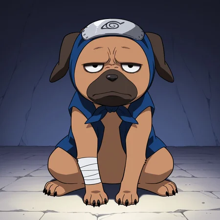 2d, 1boy, solo, Pakkun, male, dog, canine, tail, feral, animal, brown fur, dark brown snout, dark brown ears, black nose, black pupils, dark brown eyelids, black claws, Arm bandages, blue headband, forehead protector, sleeveless, blue vest
BREAK Sitting, frown, looking at viewer, full body, abstract background
BREAK best quality, amazing quality, very aesthetic, absurdres, newest, masterpiece
