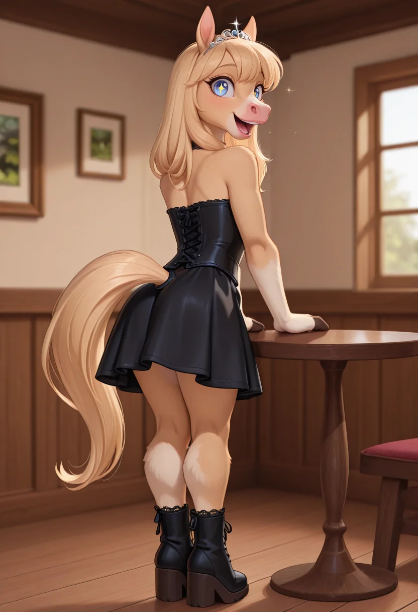 masterpiece, best quality, amazing quality, very aesthetic, high resolution, ultra-detailed, absurdres, scenery, photorealistic, furry,
<lora:Velvet_Sugarhooves:.5> velvetsugarhooves, (anthro), solo, intersex horse, thick_neck, long legs, mane, hooved fingers, pink nose, horse_tail, big blue eyes, light tan fur, blonde hair, flat chest, long eyelashes, cute, kawaii, bangs, hooves, small bulge,
Gothic Princess, a black tulle skirt, corset top, lace-up ankle boots, and a tiara, Standing with feet together, hands resting on the thighs, head slightly tilted, exuding calmness, Ecstatic Relief expression, Bright smile, sparkling eyes, open mouth in joy, (from behind:1.2),(from_back:1.2),, panty shot, Bistro-Style Dining Room, Inspired by French cafes, this cozy space features a small round table, bistro chairs, and charming decor, Soft lighting creates an intimate dining experience,
BREAK, depth of field, detailed fluffy fur, photorealistic details