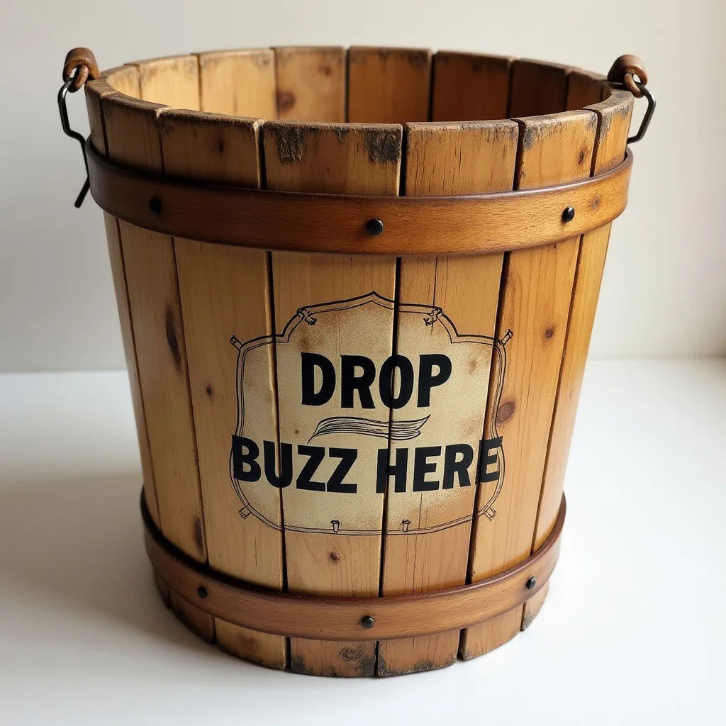 Large wooden bucket with label that says "Drop Buzz Here"