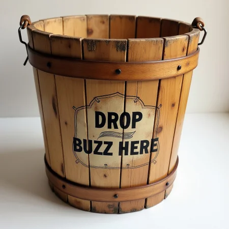 Large wooden bucket with label that says "Drop Buzz Here"