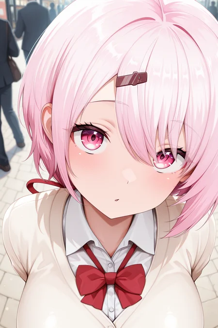 1girl, ShiinaYuikaNijisanji,
general, solo, perspective, dynamic angle, face focus,
pink hair, hairclip, hair between eyes, eyelashes, pink eyes,
low ponytail, huge breasts, out of frame,
cardigan, collared shirt, neck ribbon,
head tilt,
dating, looking into face, looking at viewer,
arms behind back,
<lora:kp_ShiinaYuikaNijisanji1stCostumeIllustrious_v1_0:1.0>,
masterpiece, best quality, amazing quality