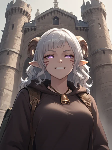 1girl, solo, walking, back,
source_furry, score_7_up, rating_safe, source_anime, anime face, <lora:Adventure_backpack:0.8> adventure_backpack:1.3, bedroll:1.5,
<lora:whisker_markings:0.8>red whisker_markings, silver long wavy hair, bell necklace, short pointy ears, purple eyes, <lora:age_slider_v4:0.6>
<lora:Test_Diana:0.8> tiefling_bard_diana:1.3,
<lora:Smooth Style 2 SDXL_LoRA_Pony Diffusion V6 XL:0.3> smile, open eyes, cowboy shot,
<lora:INKxXmo shaded face:1> Shaded FaceINKxXmo Dark Theme, cowboy shot, close up:0.6,
<lora:Castle_Gate:0.8> Castle_Gate:1.6, scenery, from below,