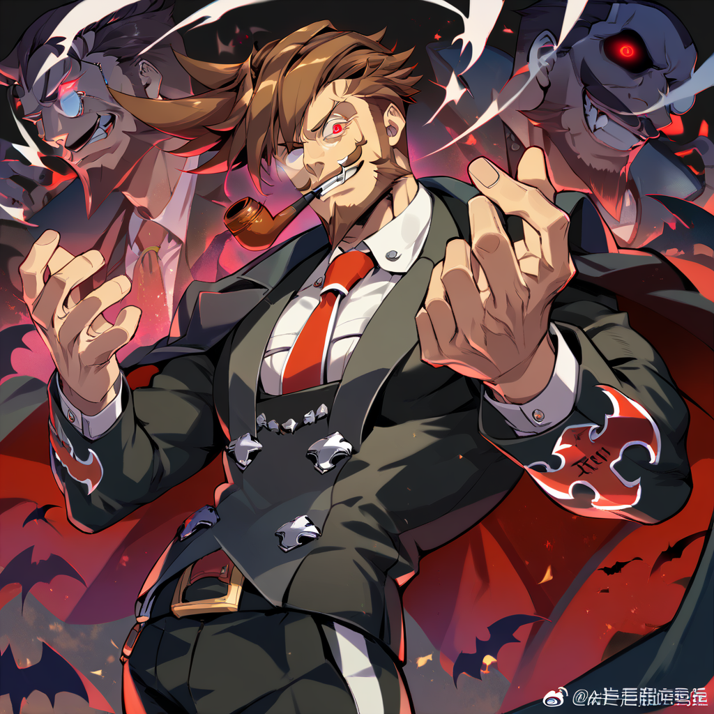 1boy, male focus, Slayer, guilty gear, score_9, score_8_up, score_7_up, score_6_up,  <lora:Slayer_from_Guilty_Gear:1>, solo, brown hair, smoking pipe, monocle, facial hair, mature male, vampire, smirk, tie, looking at viewer, toned, athletic, fit, fang, pipe, short hair, slicked to the side hair, mustache, male focus, best quality, amazing quality, best aesthetic, absurdres, smirk, evil smile, red eyes, glowing eyes, cocky, haughty, defiant, <lora:aesthetic_anime_v1s:0.4>, <lora:xl_more_art-full_v1:0.5> <lora:EpicF4nta5yXL:0.5>, (Clutching a mysterious, locked chest with a malicious grin), (track pants),