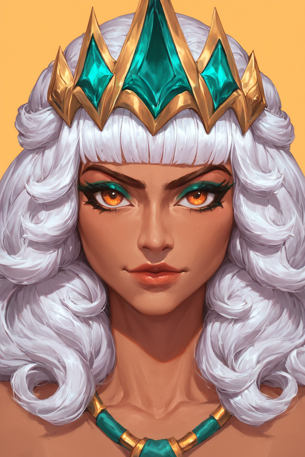 ((Glamour Portrait)),(score_9, score_8_up:1.1),score_7_up,1girls,qiyana \(league of legends\),
Qiyana Yunalai, silver-white hair, dramatic eye makeup, golden eyeshadow, dark eyeliner, turquoise eyes, amber eyes, golden-orange eyes, regal aura, majestic aura, Empress, Imperial Majesty, Highness, Arrogant, Confident, Charismatic, Ambitious, Commanding, Impressionable, Choosy, Discerning, Radiant, Elegant, Stunning, beautiful, Tiara, Crown, Gold headband, Decorative headpiece, Sleek, High-ponytail, Regal, Stylized, Athletic, Curvaceous, Defined muscles, Graceful, Well-proportioned, Tribal markings, Regal attire, Elemental Powers, Elemental Abilities, commanding stance, Confident expression, Royal, prestige, prestigious, female focus, Sovereign, mature personality, very feminine, deep brown skin, dark brown skin, Portrait, Full-body portrait, Heroic pose, Detailed, Fantasy art, League of Legends, Cinematic, Epic, Highly detailed, Digital painting, Concept art. <lora:Qiyana_Yunalai_-_Pony_-_Deal:0.9>