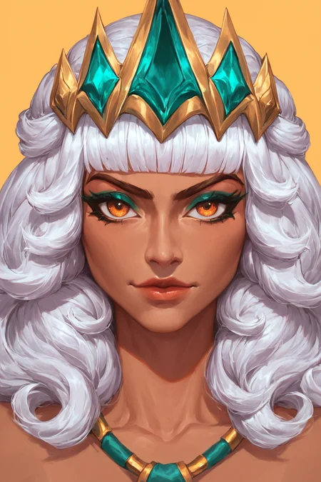 ((Glamour Portrait)),(score_9, score_8_up:1.1),score_7_up,1girls,qiyana \(league of legends\),
Qiyana Yunalai, silver-white hair, dramatic eye makeup, golden eyeshadow, dark eyeliner, turquoise eyes, amber eyes, golden-orange eyes, regal aura, majestic aura, Empress, Imperial Majesty, Highness, Arrogant, Confident, Charismatic, Ambitious, Commanding, Impressionable, Choosy, Discerning, Radiant, Elegant, Stunning, beautiful, Tiara, Crown, Gold headband, Decorative headpiece, Sleek, High-ponytail, Regal, Stylized, Athletic, Curvaceous, Defined muscles, Graceful, Well-proportioned, Tribal markings, Regal attire, Elemental Powers, Elemental Abilities, commanding stance, Confident expression, Royal, prestige, prestigious, female focus, Sovereign, mature personality, very feminine, deep brown skin, dark brown skin, Portrait, Full-body portrait, Heroic pose, Detailed, Fantasy art, League of Legends, Cinematic, Epic, Highly detailed, Digital painting, Concept art. <lora:Qiyana_Yunalai_-_Pony_-_Deal:0.9>