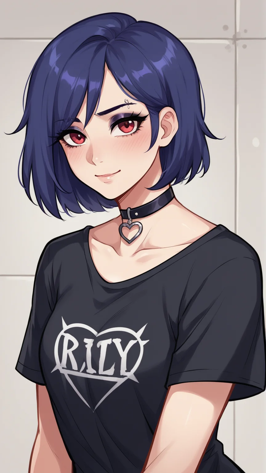 score_9, score_8_up, score_8,
<lora:Everlasting_Summer_Kristina_by_GraffMetal:0.7>, kristina, dark purple hair color, short hair, bob hair cut, red eyes, piercing, 1girl, solo, blue hair, eyebrow piercing,
blush, light smile,
black shirt, t-shirt, heart choker, goth, eyeliner, eyeshadow,
amazing background, looking at the viewer