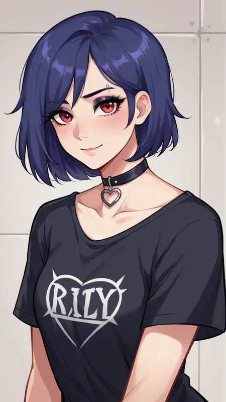 score_9, score_8_up, score_8,
<lora:Everlasting_Summer_Kristina_by_GraffMetal:0.7>, kristina, dark purple hair color, short hair, bob hair cut, red eyes, piercing, 1girl, solo, blue hair, eyebrow piercing,
blush, light smile,
black shirt, t-shirt, heart choker, goth, eyeliner, eyeshadow,
amazing background, looking at the viewer