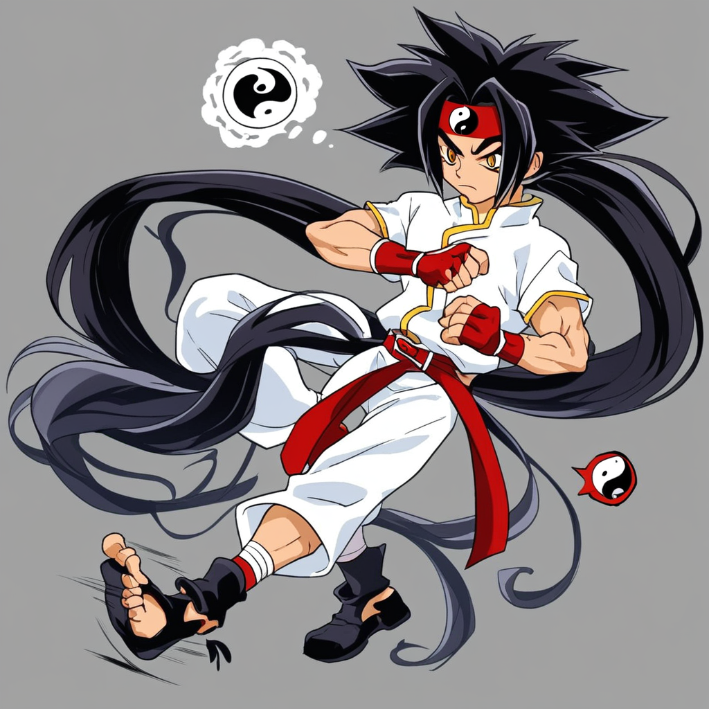 highly detailed, playful appearance, 1boy, very long hair, red headband featuring a yin-yang symbol, feeling tired, eyes close, black shoes, source_anime, cheerful expression, spiky, tone and a confident, score_9, Ray Kon, score_8_up, long hair ponytail, white shirt with blue accents, dark hair with a prominent tuft in the front, kung fu red belt, red half finger gloves with yin-yang symbol, orange eyes