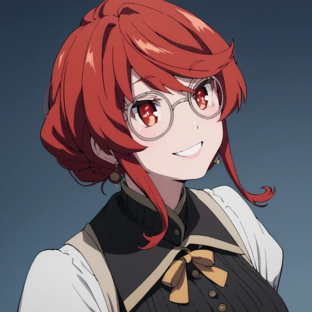 score_9, score_8_up, score_7_up, score_6_up, score_5_up, score_4_up, source_anime,  Heartful, red eyes, red hair, glasses, , portrait, smile