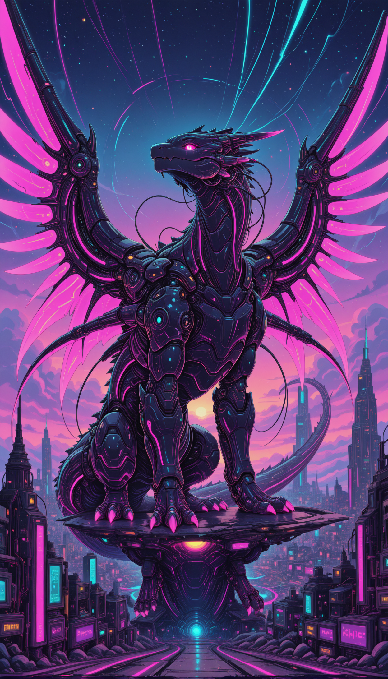 animal focus, cybernetic dragon, massive robotic wings emitting light trails, glowing eyes scanning the futuristic sky, hovering over a neon-lit city masterpiece, best quality, amazing quality, very aesthetic, absurdres, detailed eyes, newest, <lora:PinkieNeonCybercoreIL:1>, pinkneoncybercore,