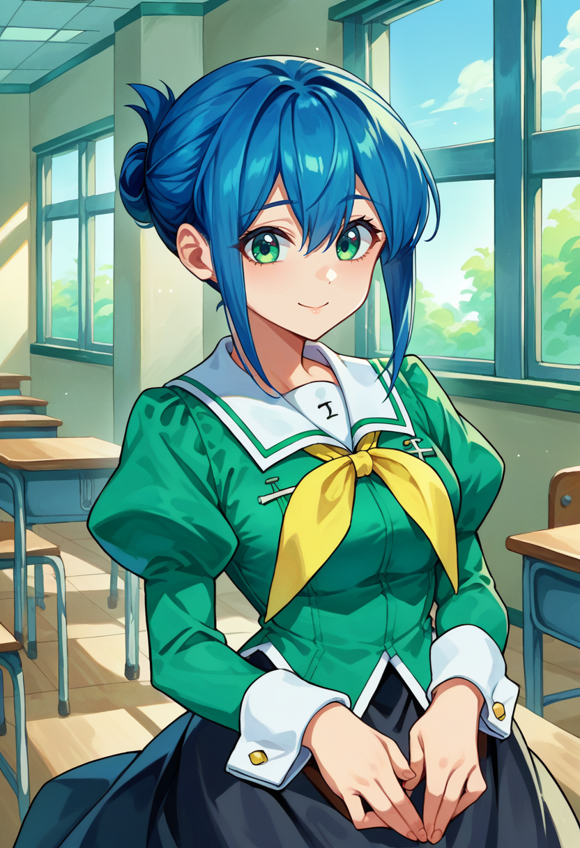 score_9, score_8_up, source_anime, 1girl, solo, KanokoMamiya, green eyes, blue hair, short hair, folded ponytail, white sailor collar, yellow neckerchief, green shirt, long puffy sleeves, wrist cuffs, black skirt, long skirt, indoors, classroom, window, smile, <lora:ChamKanokoMamiyaPonyXL:1>