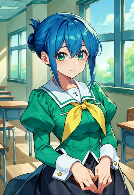 score_9, score_8_up, source_anime, 1girl, solo, KanokoMamiya, green eyes, blue hair, short hair, folded ponytail, white sailor collar, yellow neckerchief, green shirt, long puffy sleeves, wrist cuffs, black skirt, long skirt, indoors, classroom, window, smile, <lora:ChamKanokoMamiyaPonyXL:1>