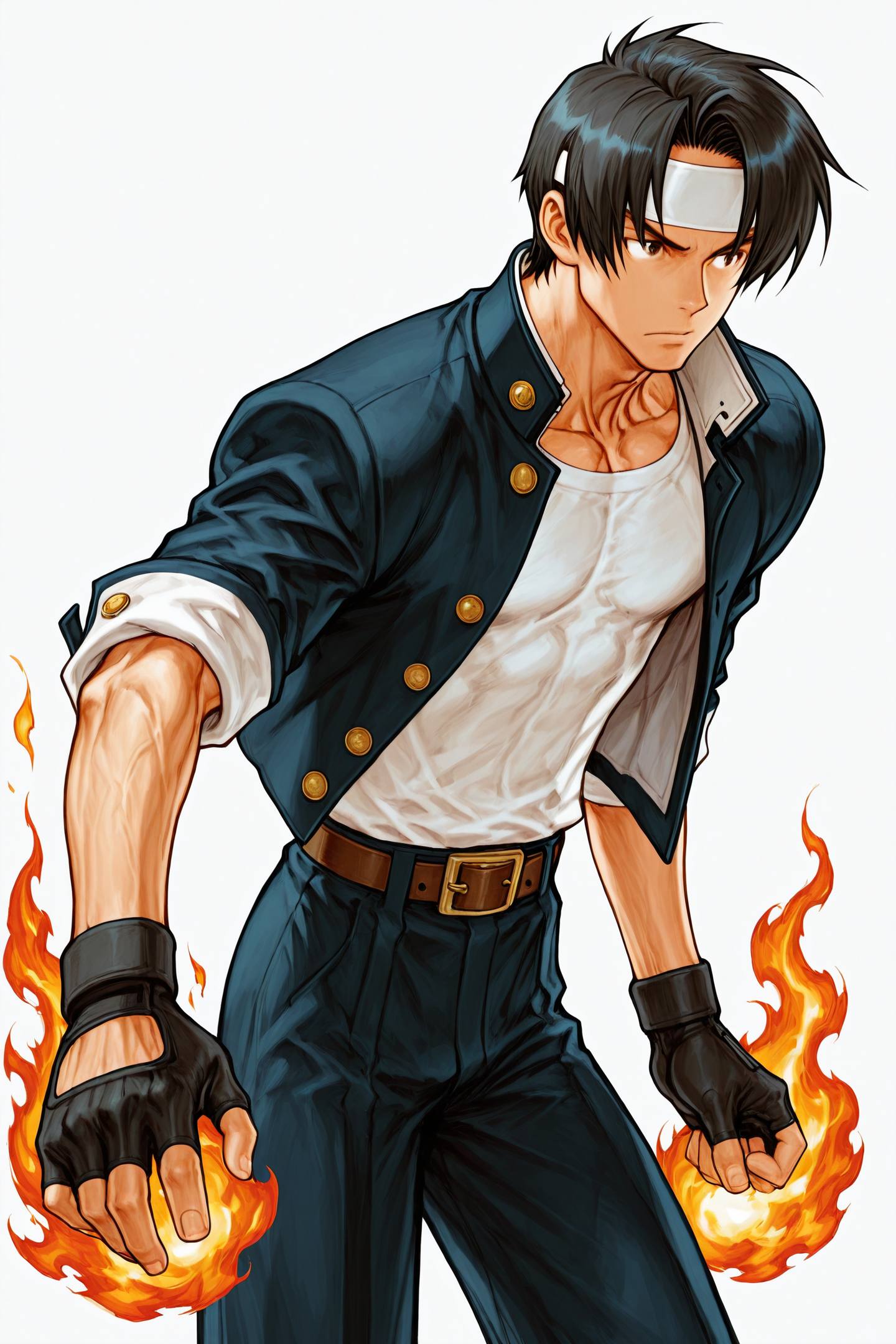 kusanagi kyou,solo,1boy,male focus,black gloves,fingerless gloves,white headband,belt,pants,school uniform,jacket,black hair,curtained hair,gakuran,simple background,white background,open clothes,white shirt,fire,
<lora:Kinu Nishimura_illustriousXL:1.5>,