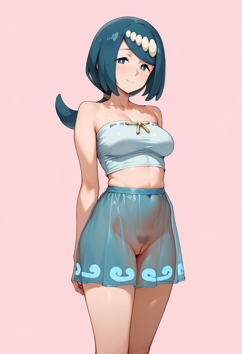 masterpiece,best quality,absurdres, amazing quality,
1girl, solo,
standing,
looking at viewer, half-closed eyes, light smile, 
simple background, pink background, 
crop top, strapless, female pubic hair, 
 <lora:See-through_microskirt:0.6> S33-thr00gh_m1cr0sk1rt, pussy, cleft of venus, see-through miniskirt,   lana's mother \(pokemon\),  mature female, medium breasts,