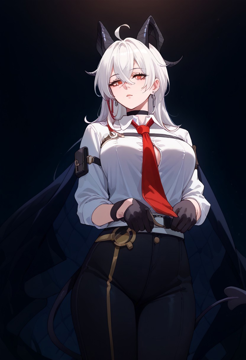score_9, score_8_up, score_7_up, source_anime, 
wrnchwuwazani, horns, hair between eyes, red eyes, long hair, large breasts, white hair, demon horns, ahoge, 
demon tail, 
collared shirt, white shirt, red necktie, long sleeves, black gloves, earrings, jewelry, black choker, black pants, belt, shirt tucked in, button gap
shy, rear view,  Expressiveh