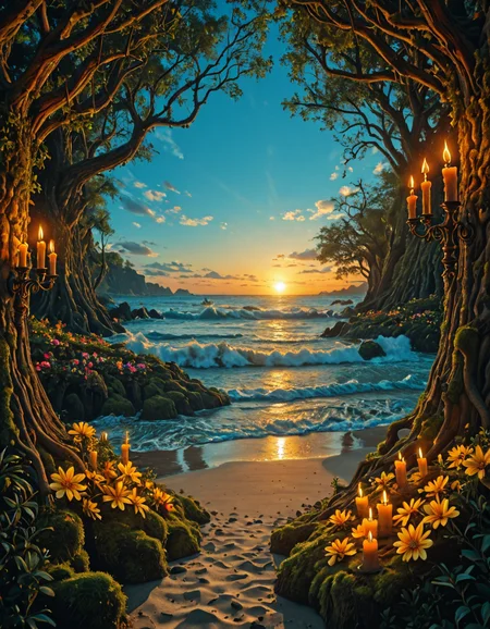 <lora:MW_Tavern01ill:1> mwt01, outdoors, medieval, candles lights, skylight, lots of sun shades, huge roots, colorful flowers, moss, T10, waves, rocks, tree, vegetation, moss, sea, sunset, blue, orange, yellow, brown, T1, white, dark blue, fantasy, sunset, blue sky, bokeh, sunlight, gold tree, T7, scenery, beach, shore,