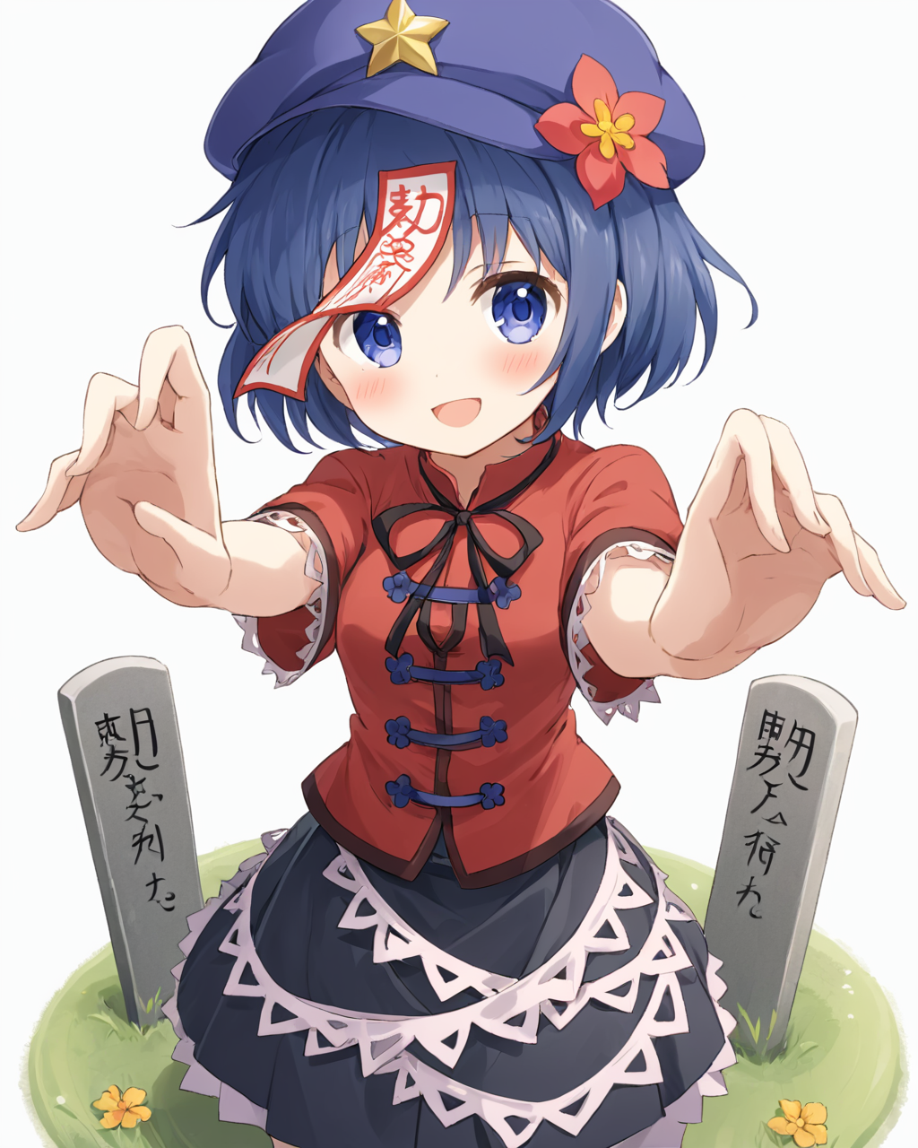 miyako yoshika,1girl, hat, star_\(symbol\), star_hat_ornament, solo, zombie_pose, tombstone, ofuda, open_mouth, skirt, skull, smile, jiangshi, blush, knife, flower, gloves, white_background, card, looking_at_viewer
<lora:miyako_yoshika_image2483_2023-12-20:1>,star-shaped_pupils,symbol-shaped_pupils,. gorgeous,key visual, vibrant, studio anime,award-winning, professional, highly detailed,high budget, cinemascope