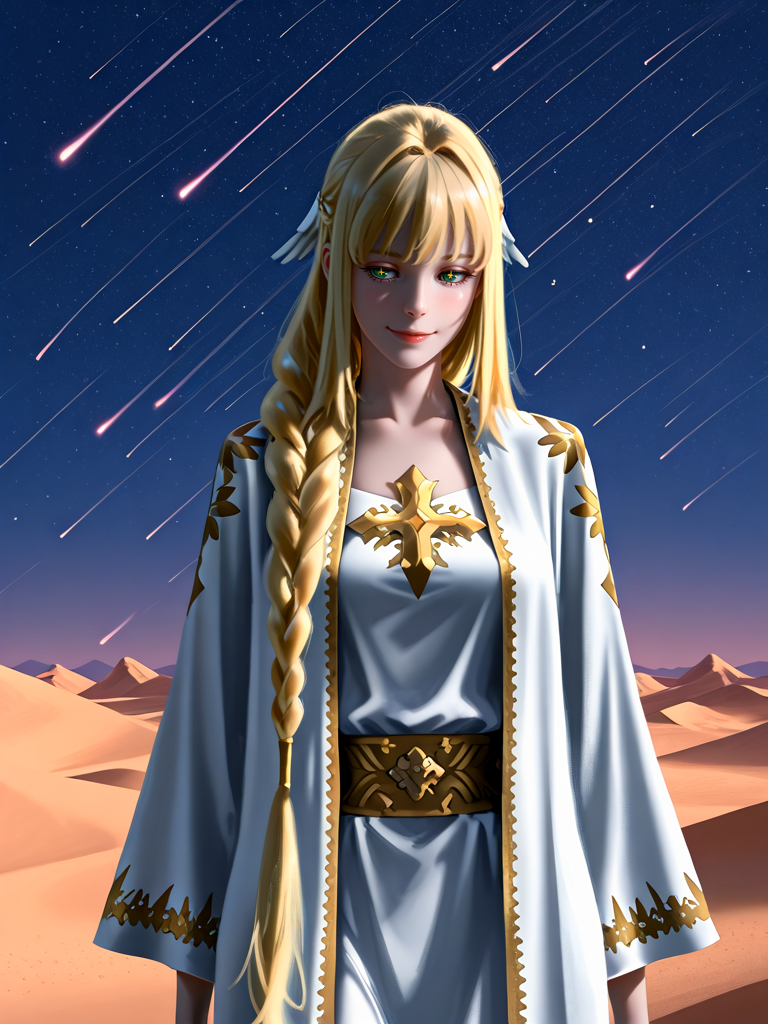 masterpiece,high quality,highres,absurdres,(<lora:Dolores Quovadis22:1>,1 girl,solo,long hair straight hair,blonde hair,thick braid,long braid,straight fringe,wing hair ornament,green eyes,cross pupils || Dolores_Quovadis_ceremonial,white ceremonial dress,long robe,gold embroidery,golden trim,wide sleeves,high waist sash),seductive smile,cute face,
meteor shower streaking across the night sky above a desert oasis, a nomadic traveler resting.,
<lora:Half_Art_Style_IL:1>,wlop,