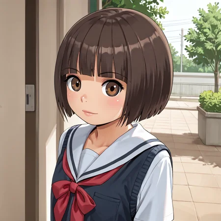<lora:MaGeddon:1> onsayaka, 1girl, short hair, brown eyes, blunt_bangs, school uniform,