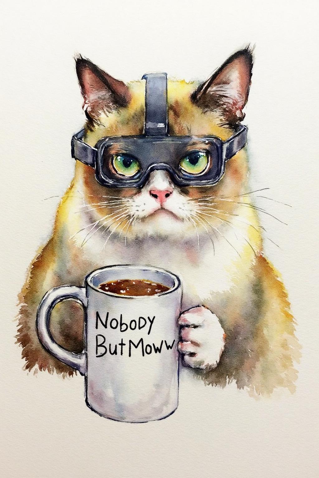 watercolor. Grumpy Cat holding a coffee mug, wearing a VR Headset. The mug has the phrase "NobodyButMeow" printed <lora:watercolor1_nbm_cap_d6a3e12:1.0><lora:838728897542737003:0>