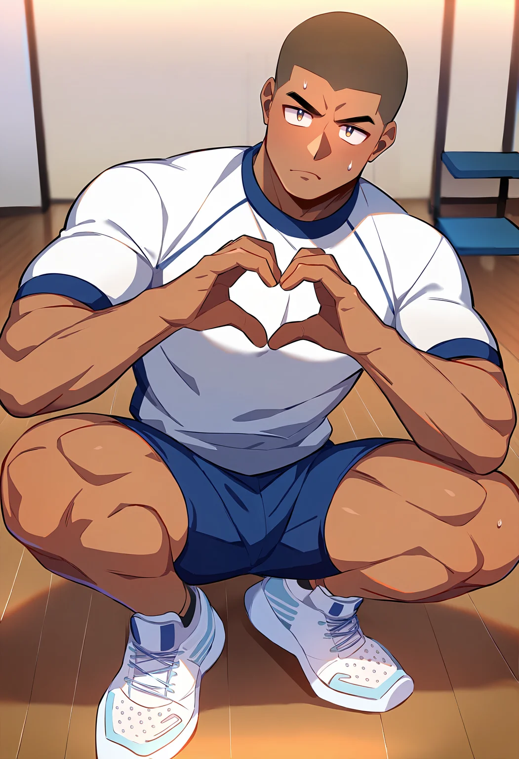 1boy, male focus, dark-skinned male, dark skin, squatting, heart hands, bara, wooden floor, floor, indoors, gym uniform, sneakers, shoes, solo, looking at viewer, frown, sweatdrop, very short hair, best quality, amazing quality, best aesthetic, absurdres, year 2023