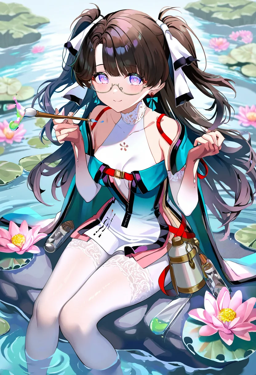 1girl, zhezhi_\(wuthering_waves\), solo, water, long hair, flower, holding brush, glasses, holding, paintbrush, sitting, dress, two side up, lily pad, ribbon, thighhighs, twintails, pantyhose, breasts, white pantyhose, bare shoulders, pond, hair ribbon, smile, jewelry, pink flower, rock, earrings, holding paintbrush, white thighhighs, looking at viewer
(yoneyama mai:1),(torino aqua:0.6),(piromizu:0.3),newest,
masterpiece,best quality,very aesthetic,highres,absurdres,
<lora:zhezhi_NoobVpred75S:1>,