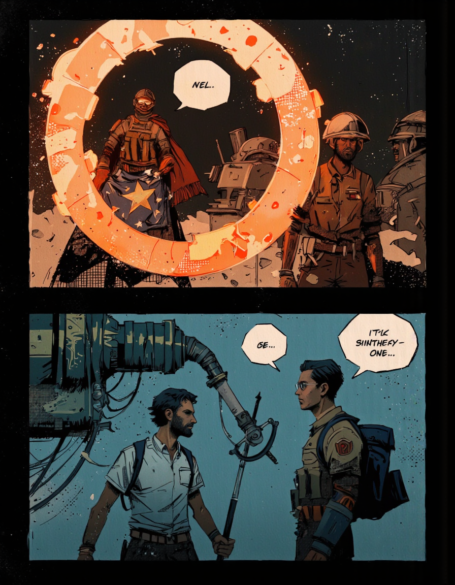 By Alex Vede. A digital illustration shoot from a slightly angled perspective about a scene depicting a soldier in a futuristic setting with a glowing molten metal ring in the background. the scene is set in a dimly lit industrial environment with machinery and machinery visible in the distance. on the left side of the image, a soldier wearing a helmet and a cape with a star pattern is facing another soldier, who appears to be in a state of shock and surprise, with his mouth open in a wide-eyed expression. the soldier on the right side, with short black hair and a beard, is wearing a military uniform and is facing the other soldier. he has a serious expression and is looking at the soldier in the middle of the scene. the background features a large, glowing metal ring, which is emitting a warm, orange glow, creating a dramatic atmosphere. the image has a textured, vintage feel to it, adding to the overall sense of realism.
solo, short hair, shirt, black hair, 1boy, standing, jacket, closed mouth, male focus, weapon, helmet, glasses, sword, facial hair, beard, armor, looking at another, speech bubble, helmet visor, military, facing another, beard cutout