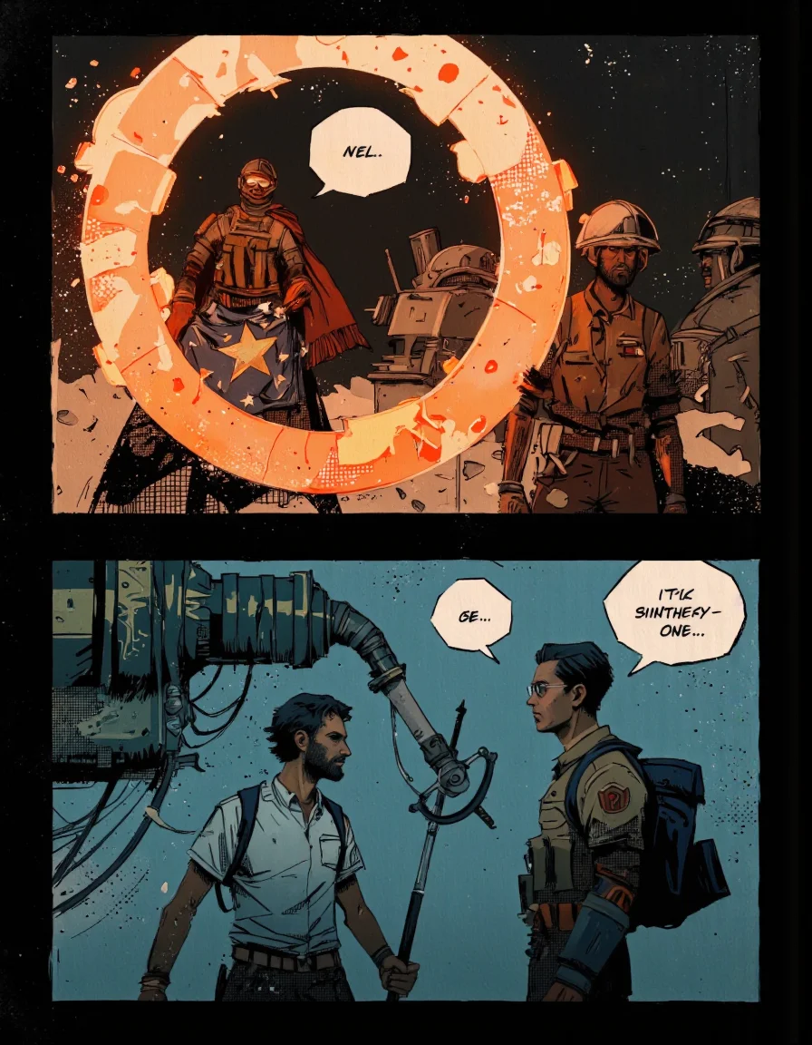 By Alex Vede. A digital illustration shoot from a slightly angled perspective about a scene depicting a soldier in a futuristic setting with a glowing molten metal ring in the background. the scene is set in a dimly lit industrial environment with machinery and machinery visible in the distance. on the left side of the image, a soldier wearing a helmet and a cape with a star pattern is facing another soldier, who appears to be in a state of shock and surprise, with his mouth open in a wide-eyed expression. the soldier on the right side, with short black hair and a beard, is wearing a military uniform and is facing the other soldier. he has a serious expression and is looking at the soldier in the middle of the scene. the background features a large, glowing metal ring, which is emitting a warm, orange glow, creating a dramatic atmosphere. the image has a textured, vintage feel to it, adding to the overall sense of realism.
solo, short hair, shirt, black hair, 1boy, standing, jacket, closed mouth, male focus, weapon, helmet, glasses, sword, facial hair, beard, armor, looking at another, speech bubble, helmet visor, military, facing another, beard cutout