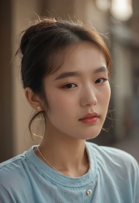 score_9, score_8_up, score_7_up, ladyburns, sideburns, 1girl, solo, jewelry, earrings, blurry, brown hair, asian, OchincosLabo