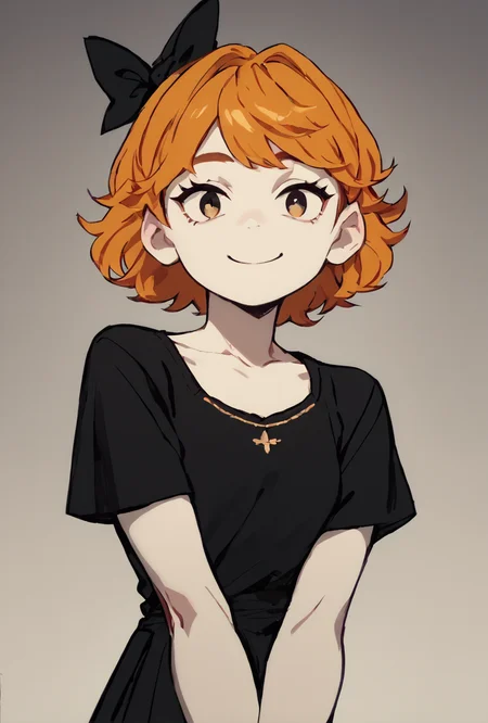 score_9, score_8_up, score_7_up, score_6_up, score_5_up, simple, looking at viewer, smiling, simple <lora:derpina-10:1> derpina, 1girl, short hair, hair bow, medium hair, orange hair, black dress,, white skin,, <lora:Anime_Screencap:1> anime screencap